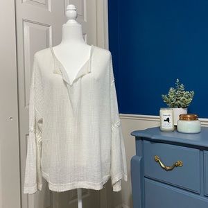 Free People White Long Sleeve Waffle Shirt